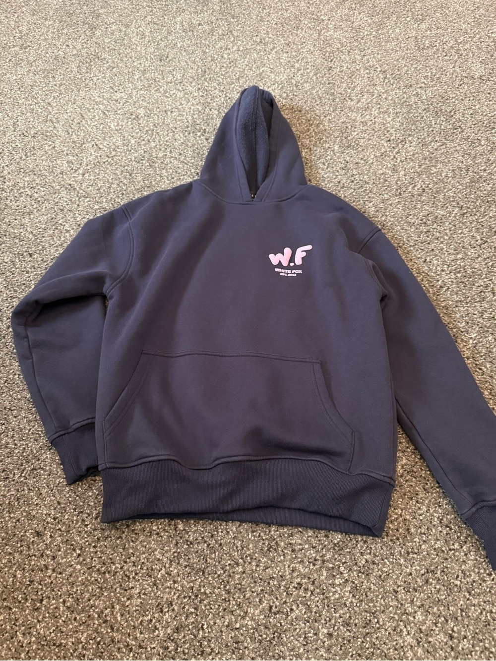 White Fox Boutique Navy Hoodie with Pink Logo